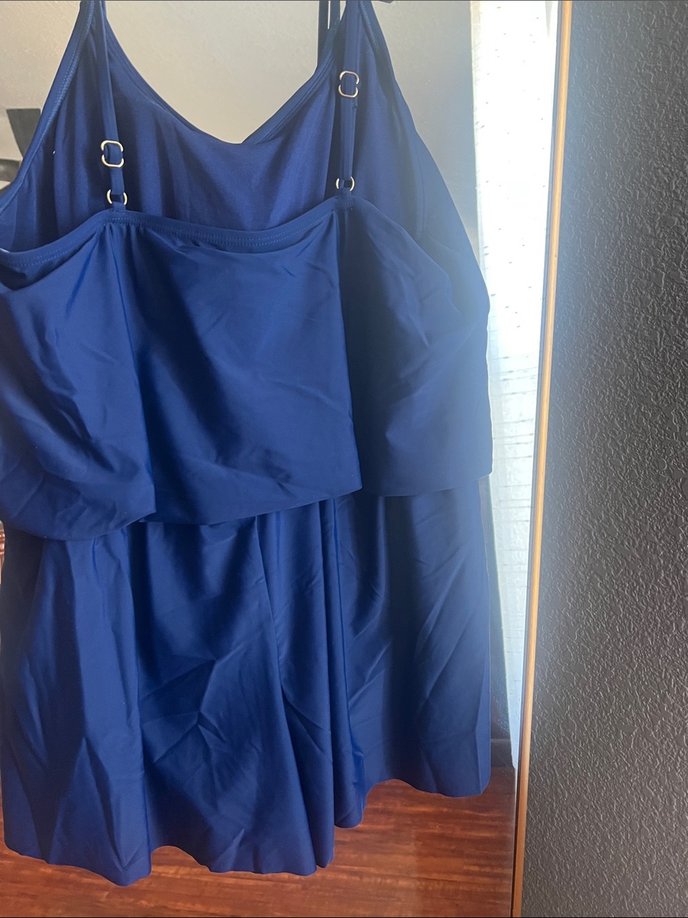 Time and Tru Navy Ruffle Swim Romper with Drawstring - Picture 3 of 3
